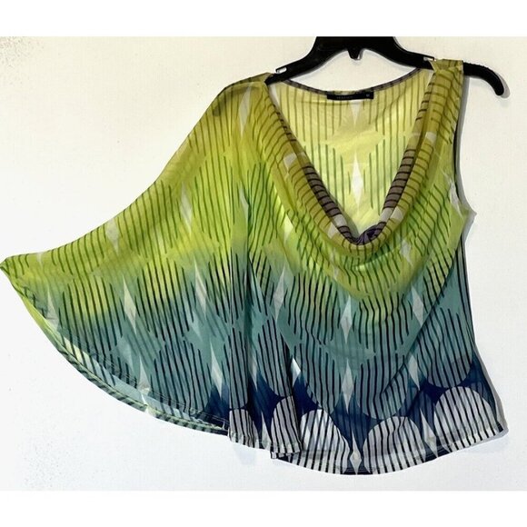 New Vertigo Blue Lime One Sleeve Draped V-Neck Chiffon Blouse Top - Picture 1 of 5